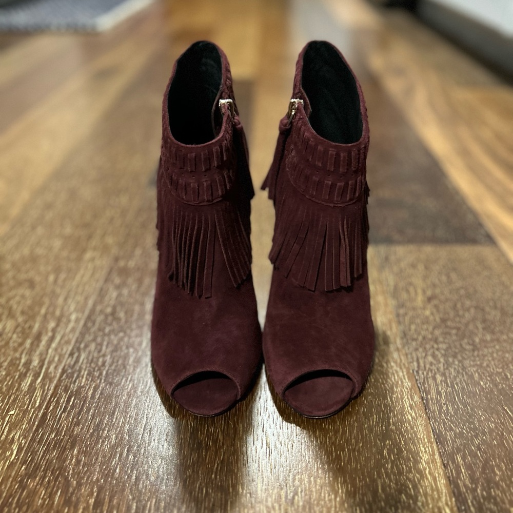Rebecca Minkoff Suede Fringe Open Toe Booties - Picture 3 of 8